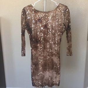Fully Lined Cream and Brown Sequined Mini Dress